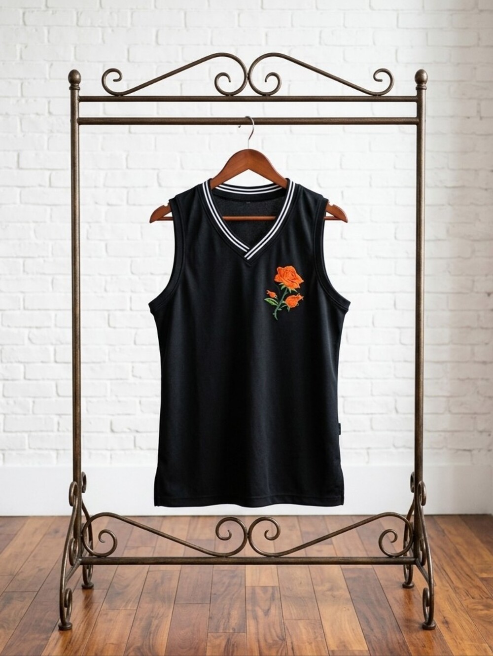 Black Sleeveless Tank Top with Orange Rose Embroidery